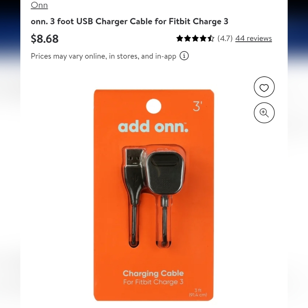 $3 ONN⭐NIB ⭐ 3 foot USB Charger Cable for Fitbit Charge 3